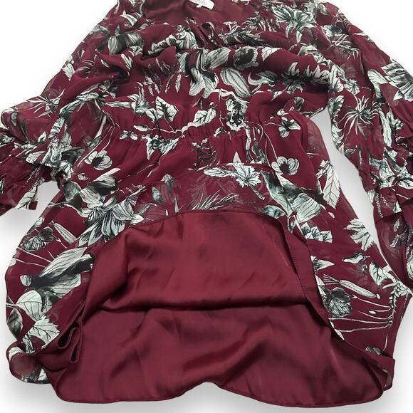 PARKER 100%Silk Ruffle Tier Floral Dress Sheer Sleeve Burgundy Sundress Small - Picture 9 of 13